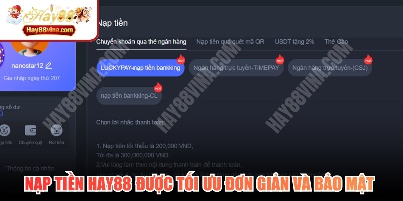 Nạp tiền HAY88 được tối ưu đơn giản và bảo mật tuyệt đối